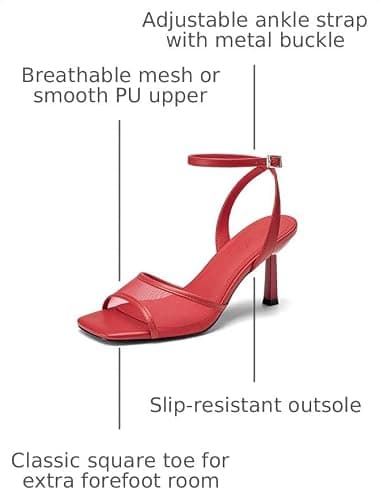 Athlefit Red High Heels for Women Mesh Square Open Toe 3-Inch Stiletto Heels Ankle Strap Buckle Dress Wedding Heeled Sandals Size 8 - Thumbnail 3
