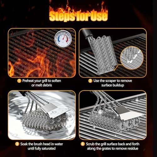 HOUSE AGAIN Grill Brush and Scraper Bristle Free, 304 Stainless Steel Brush Head Non Metal Bristles, Safe Steam Outdoor Grill Cleaning BBQ Grill Accessories for Smoker/Porcelain/Weber Gas/Charcoal - Thumbnail 6