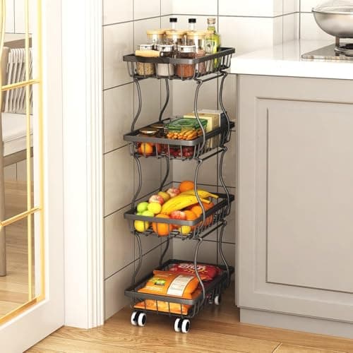 MJIMKE 4-Tier Vegetable Fruit Basket for Kitchen, Rolling Pantry Floor Organizer and Storage Cart with Wheels, Stackable Wire Product Basket Stand Potato Onion Bins Snack Rack for Pantry - Thumbnail 2