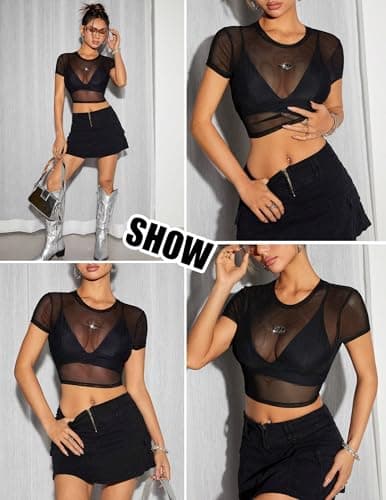 GAMMIS Mesh Top for Women Crew Neck Mesh Shirt Short Sleeve Fitted Sexy Sheer Tops Mesh Tee Classic Black L - Thumbnail 2