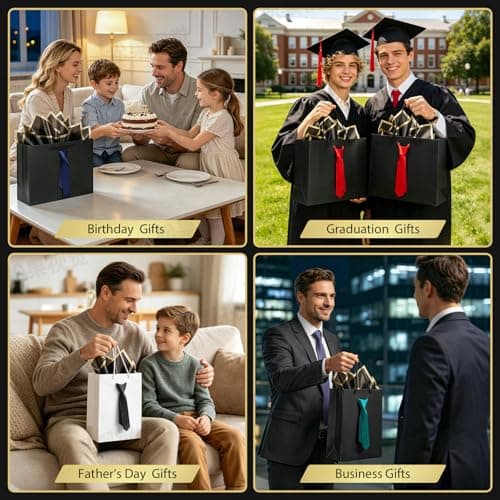 Fathers Day Gift Bags,Birthday gift bags with Handles and Pre-Tied, 4 tissue paper and 2Greeting Cards, thank you gift bags for men , Teacher gift bags,Graduation Party Wedding gift-bags (Medium black/green) - Thumbnail 5