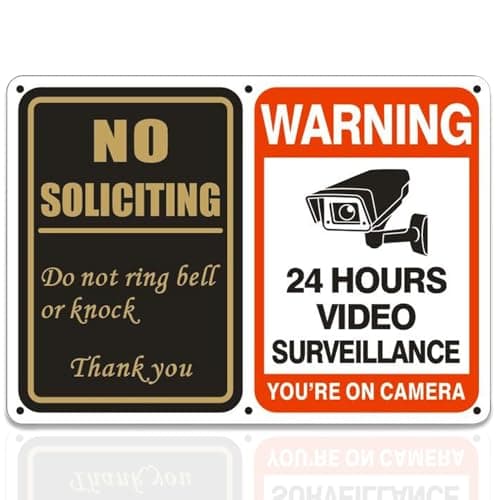 No Soliciting Sign & 24 Hours Surveillance Sign 2 in 1 Aluminum UV Ink Printed Yard Sign for House, Yard, Front Door 24 Hours Video Surveillance Private Property Metal Signs 7 x 10 inch(1 PACK) - Image 1