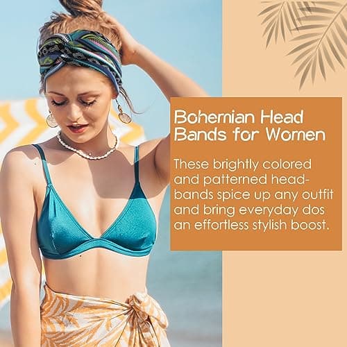 Achiou Boho Headbands for Women, Twist Knotted Head Bands for Women's Curly Hair Non Slip, Wide Turban Cloth Hairbands, Elastic Hair Accessories for Girls Yoga 6 Pack Two Size - Thumbnail 4