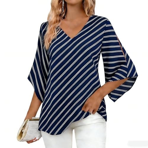 Womens Summer Tops 3/4 Sleeve, V Neck Striped Bell Sleeves Loose Fit Women's Tunic Top, Lightweight Breathable Dressy Casual Blouse Trendy Flowy Business Work Elegant Tees for Women Dark Blue S - Image 1