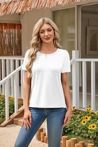 Herou Lightweight Summer Split Side Tops for Women White T-Shirt Crewneck Short Sleeve High Low Hem Tees White Large - Thumbnail 2