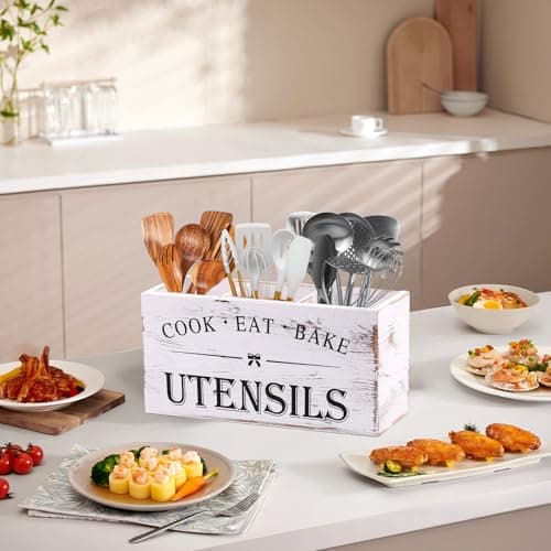 Kitchen Utensil Holder for Counter or Countertop, Extra Large Wood Organizer with 3 Compartments, Wooden Storage for Cooking and Silverware, Rustic Minimalist Decor, Sturdy Utensil Crock-White - Thumbnail 4