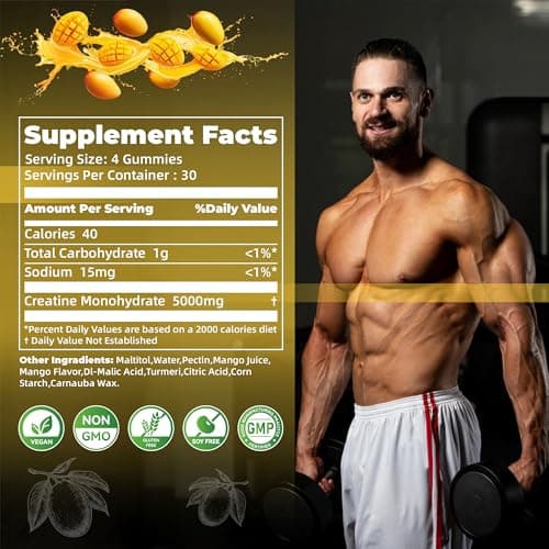 Nutravita Creatine Monohydrate Gummies for Men & Women-5g of Creatine Monohydrate per Serving - Sugar Free,Vegan, Mango Flavor, 120 Count - Thumbnail 3