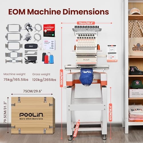 Poolin EOM 15-Needle Commercial Embroidery Machine,14.2"x9.5" Large Embroidery Area for Small Business User Friendly,for Hats,Cap & 3D Caps & Daily Orders,Auto Color Change & Trim,WiFi/USB Transfer - Thumbnail 2
