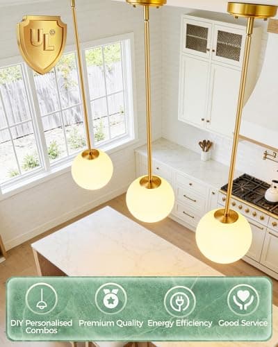 Majade Globe Pendant Lights Kitchen Island Mid Century Modern Pendant Light Fixtures 2 Pack 7.4 Inch Gold Ceiling Lighting with Milk Glass Shade Adjustable Brushed Brass Hanging Light for Dining Room - Thumbnail 2