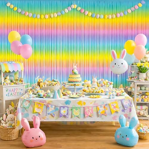 Easter Decorations - Rainbow Tinsel Streamers Backdrop Banner | Easter Party Favors Supplies Indoor Outdoor - Spring Birthday Decor Party Accessories for Wall Door - Thumbnail 6