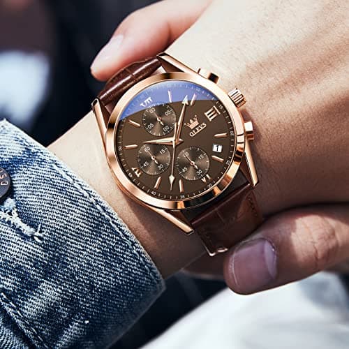 OLEVS Brown Leather Watch Chronograph Dress Water Resistant Classic Mens Watch with Leather Band Casual Analog Young Men's Wrist Watches Relojes para Hombres - Thumbnail 2