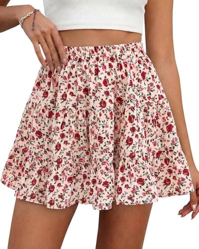 BTFBM Summer Skirts for Women 2026 Floral High Waist Shorts Underneath Boho Tiered Flowy Tennis Skorts Casual Mini Skirt(Floral Apricot Red, Small) - Image 1