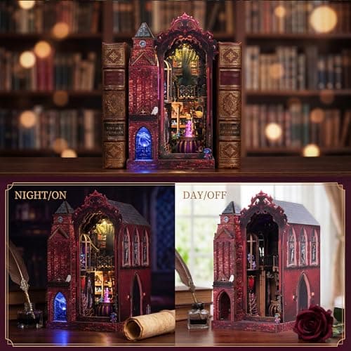 Book Nook Kit, DIY Miniature House Dollhouse Crafts Kit for Adults and Teens, Magic Castle 3D Wooden Puzzle Booknook Build Bookshelf Decor, Gifts for Family and Friends（Arcane Sprire） - Thumbnail 6