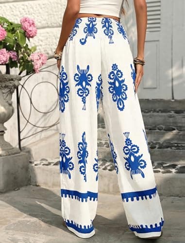 ZAFUL Boho Pants for Women Floral High Waisted Wide Leg Palazzo Pants Summer Trendy Casual Lounge Pants Women Vacation White&Blue XL - Thumbnail 2