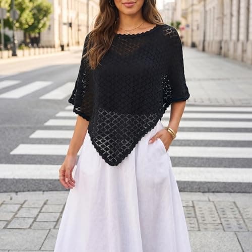Ainangua Womens Summer Sweater Crochet Batwing Sleeve Scalloped Trim Poncho Tops Off Shoulder Hollow Out Shawl Wraps Coverup(Black,M) - Thumbnail 5