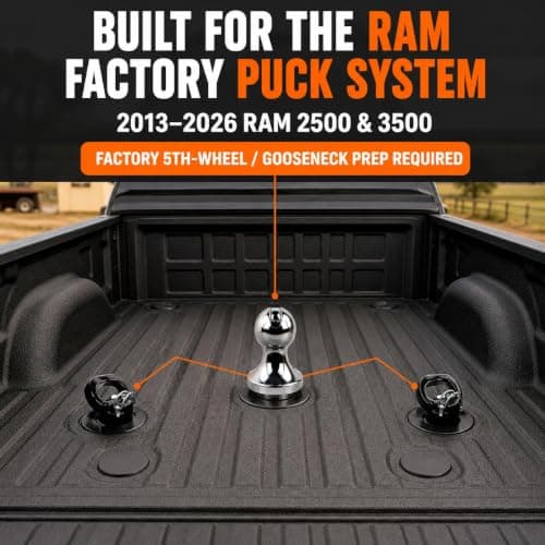 60618 Puck System Gooseneck Hitch Ball Kit with Box, Compatible with 2013-2026 Dodge RAM 2500 3500, 2-5/16” Hitch Ball for Truck Bed with 2 Safety Chain Anchors, 38000 LBS GTW/7500 LBS VTW - Thumbnail 2