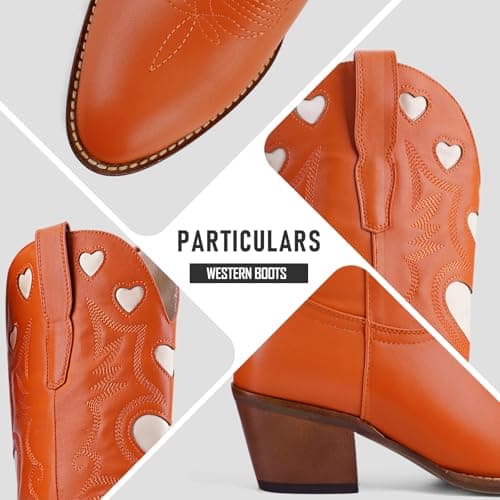 POYOIOR Orange Cowboy Boots for Women Wide Calf Round Toe Chunky Stacked Heel Knee High Cowgirl Boot Heart Pattern Classic Embroidered Tall Western Booties Pull on Size 7 - Thumbnail 4