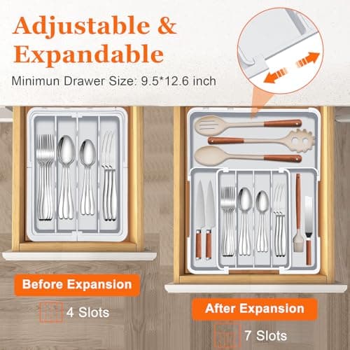 Spaclear Expandable Silverware Drawer Organizer - 7 Compartments BPA-Free Kitchen Utensil Tray, Adjustable 12.6”×9.5" to 19"×15.2", Cutlery Drawer Organizer, Gray - Thumbnail 3