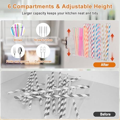 WTBRAYMX 2 Pack 10.8" Extra Large Straw Organizer, 6 Slots Heavy-Duty Acrylic Straw Holder for Cabinet Door & Cupboard, Two-Piece Reusable Straw Storage with Ultra Sticky Adhesive Tape (Crystal Clear) - Thumbnail 3