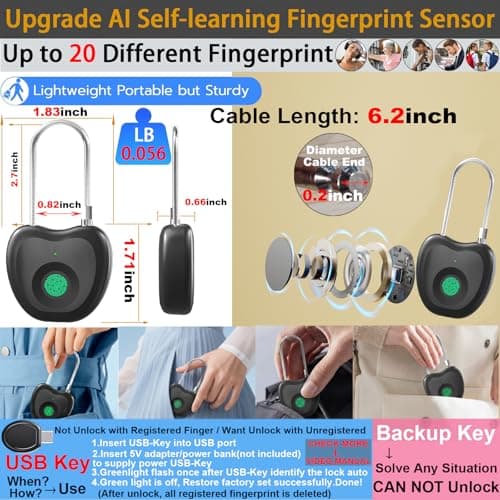 Bstsilver Fingerprint Padlock, Larger Sensor &20-User, 6.2" Flexible Cable Keyless Biometric Lock with Emergency USB Key & Code for Gym Locker, Luggage, Backpack, School, Dorm, Office, Travel & Indoor - Thumbnail 2
