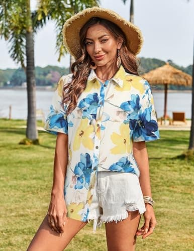 LILYCHIC Womens Tropical Shirt Floral Hawaiian Tops Cool Summer V Neck Short Sleeve Beach Vacation Hawaii Tshirts White XXL - Thumbnail 5