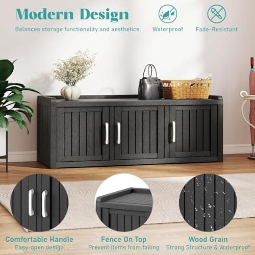 WTFGO Outdoor Shoe Bench, Weatherproof UV Protected Resin Entryway Shoe Storage Cabinet with 3 Doors, Multipurpose Shoe Organizer Seat for Porch Patio Hallway Indoor Bedroom, Matte Black - Thumbnail 4