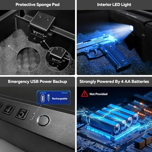 Biometric Gun Safe for Pistols 3-Ways unlock Fingerprint Digital PIN Key Unlock Pistol Safe with Security Cable Gun Lock Box With Interior Light For Nightstand Car & Home Security - Thumbnail 4