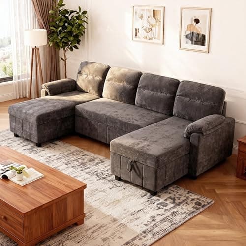 Tbfit 108'' Pull Out Sofa, Cloud Sleeper Sofa Bed with USB & 2 Storage Chaises, Comfy Oersized U Shaped Convertible Sectional Sleeper Couches for Living Room, Apartment, Office, Dark Gray