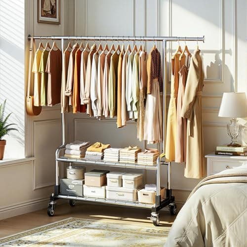 Luxspire Heavy Duty Clothes Rack, Clothing Rack Load 600 LBS, Rolling Clothes Racks for Hanging Clothes with Sturdy Wheels & 2 Tier Shelves, Adjustable Garment Rack for Bedroom, Laundry Room, Silver - Thumbnail 2