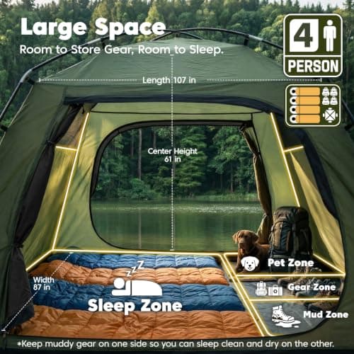 Purebox Tent 4 Person Camping Tents - Double Layer with 2 Doors & Rainfly, Portable Waterproof & Windproof Tents, Large Mesh Ventilation, Easy Setup Family Tent for Camping, Hiking and Backpacking - Thumbnail 4