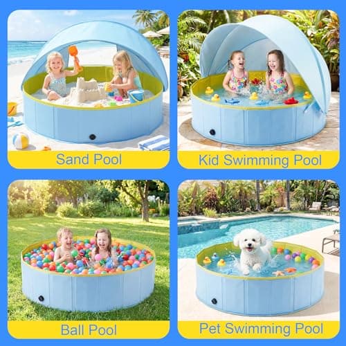 Kiddie Pool with Canopy, Foldable Kids Pools for 3 4 5 6 7 8 Year Old Kids Pools Ages 4 5 6 7 8 Pool with Shade Beach Essentials Tent Swimming Wading Pools Outdoor Backyard Beach - 77” - Thumbnail 6