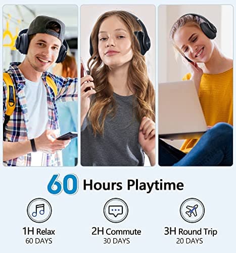 Bluetooth Headphones Over Ear, 60 Hours Playtime Foldable Headphones Wireless Bluetooth Hi-Fi Stereo Deep Bass with 6 EQ Modes, Adjustable Lightweight Headset with Microphone, FM, SD/TF for Adults - Thumbnail 2