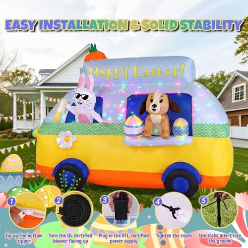 GIFTFIND 7.3FT Long Easter Inflatables Outdoor Decorations - Bunny and Dog Riding Bus, Build-in LED Lights Holiday Blow Up Yard Decoration, for Patio Garden Lawn Party Celebration Decor - Thumbnail 6