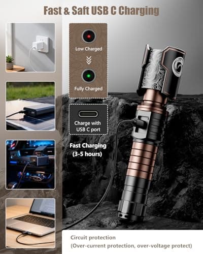 SKYFIRE Rechargeable Flashlights with Ignition Lens: 2 Pack High Lumens Tactical Flashlight LED Zoomable with 6 Modes IPX6 Handheld Powerful Flash Light for Hunting, Storm preparedness,Home&Gifts - Thumbnail 5