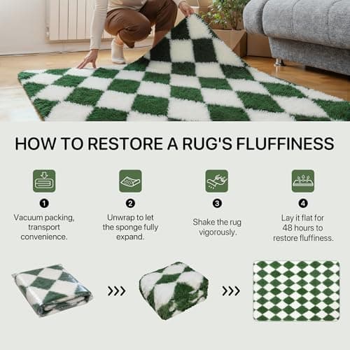 GENIMO Checkered Rug 8x10 Area Rugs for Kids Bedroom Soft Shag Rug Fluffy Fuzzy Carpet Plush Rugs for Living Room Nursery Playroom Dorm Modern Home Decor Aesthetic, Green and White - Thumbnail 4