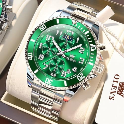 OLEVS Watches for Men Green Big Face Silver Stainless Steel Dress Chronograph Moon Phase Mens Watches Analog Quartz Cheap Waterproof Luminous Fashion Men's Wrist Watches - Thumbnail 2