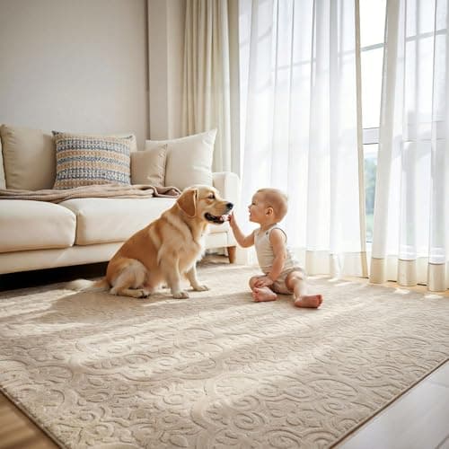 U'Artlines 8x10ft Washable Area Rug for Living Room, Neutral Beige Modern High-Low Pile Rug for Bedroom, Non Slip Soft Cozy Fluffy Large Floor Carpet for Dining Area, Kids Nursery Room - Thumbnail 5