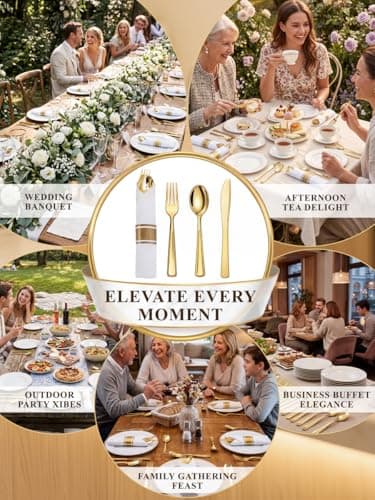 Supernal 240 Pcs Pre Rolled Napkins with Gold Plastic Silverware - 60 Sets Elegant Disposable Wrapped Cutlery: Heavy Duty Gold Forks, Knives, Spoons for Weddings, Parties, & Catering Events - Thumbnail 5