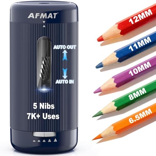 AFMAT Electric Pencil Sharpener, Auto in & Out, 5 Nibs, 7K+ Uses, Fully Automatic Classroom Pencil Sharpener, Rechargeable Hands-Free Sharpeners for Jumbo/Colored Pencils (φ6.5-12mm) PSC3(Dark Blue)