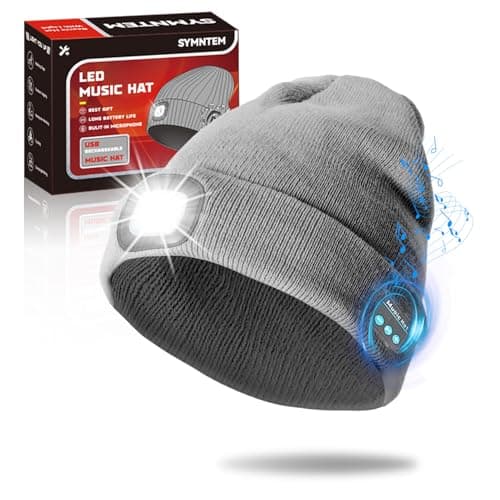 SYMNTEM Rechargeable Bluetooth Music Unisex Beanie Hat with Light for Hiking, Camping, Running, Beanie Headlamp, Gifts for Men, Women, Dad, Him, Her, Husband, Birthday Gifts for Men, Grey