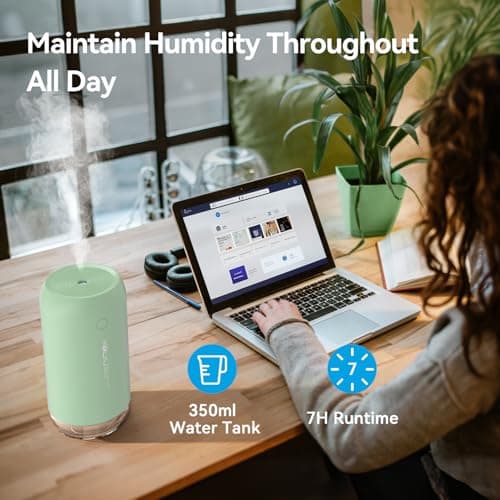 KQLKJ Portable Mini Humidifier, 350ml Small Cool Mist Humidifier for Plants, USB Personal Desktop Humidifier for Bedroom Car Office Travel with Auto Shut-Off & 2 Mist Modes (Green) - Thumbnail 3
