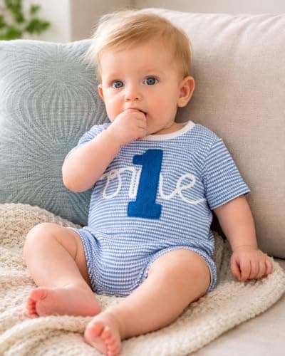 ChuYuKu Baby Boy 1st Birthday Romper Waffle Knit One Short Sleeve Onesie First Birthday Gift Soft Comfortable Bodysuit - Thumbnail 4