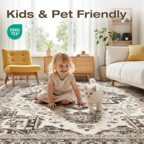 Jessibou Washable 8x10 Area Rug for Living Room - Vintage Distressed Carpet with Non-Slip Backing, Soft Stain Resistant Low Pile Indoor Rug for Bedroom & Dining Room, Kid & Pet Friendly -Dark Brown - Thumbnail 4