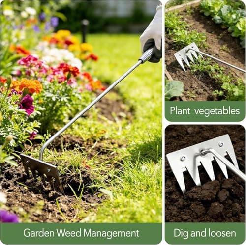 Weed Puller Tool - 2026 Portable Manual Weeding Tools Gardening, 5 Teeth Head Stainless Steel Hand Garden Weeding Rake, Weed Remover Tool for Vegetable Gardening Yard Backyard Farm Planting & Weeding - Thumbnail 3