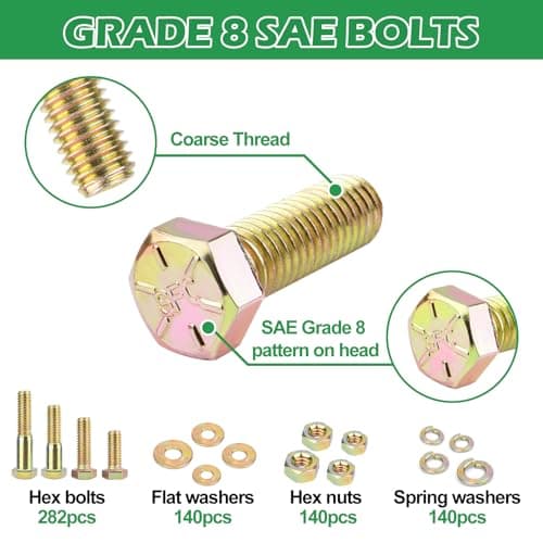 Foliv 702 PCS Grade 8 Nuts and Bolts Assortment Kit, SAE Bolts Assortment Kit with Hex Head Cap Bolts, Flat & Lock Washers, Fine & Coarse Thread, Yellow Zinc Plated for Corrosion Resistance - Thumbnail 3