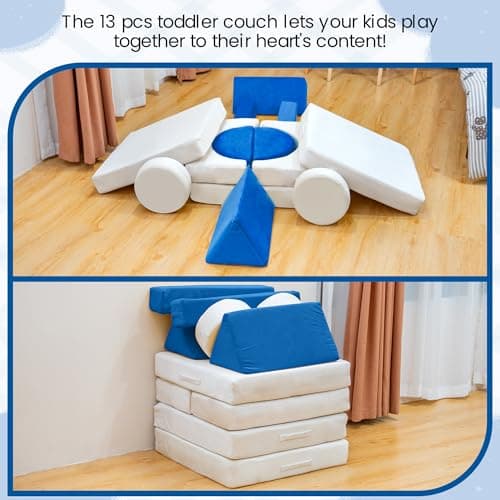 Stmoze 13PCS Modular Kids Play Couch, Kids Couch with Washable Velvet Cover, 5 Seconds Instant Expansion,Convertible Foam and Floor Cushion for Nursery Playroom, Blue & Beige - Thumbnail 6