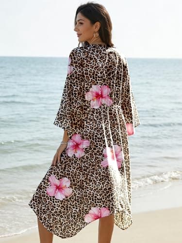 Womens Swimsuit Coverup Casual 3/4 Sleeve Cardigans Swimsuit Summer Beach Cover Ups with Tropical Prints - Thumbnail 3