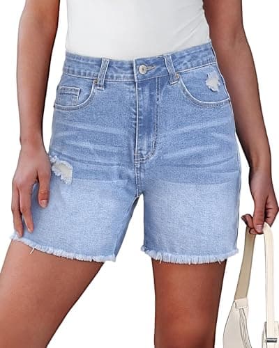 SEASEESI Jean Shorts for Women Trendy High Waisted Stretchy Ripped Denim Summer Frayed Raw Hem Mom Long Shorts Cutoff 2026 Jorts（Light Blue M） - Image 1
