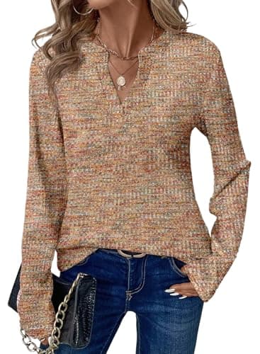 Dokotoo Spring Tops for Women 2026 Womens Long Sleeve V Neck Waffle Knit Tops Henley Shirts Women Blouses Dressy Casual Business Casual Outfits Fashion Clothing Golded Apricot Tops Trendy XXL - Image 1