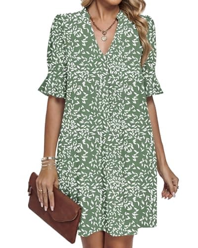 AUSELILY Vacation Dresses for Women V Neck Ruffle Short Sleeve Casual Shift Dress, Olive Green Leaves M - Thumbnail 6